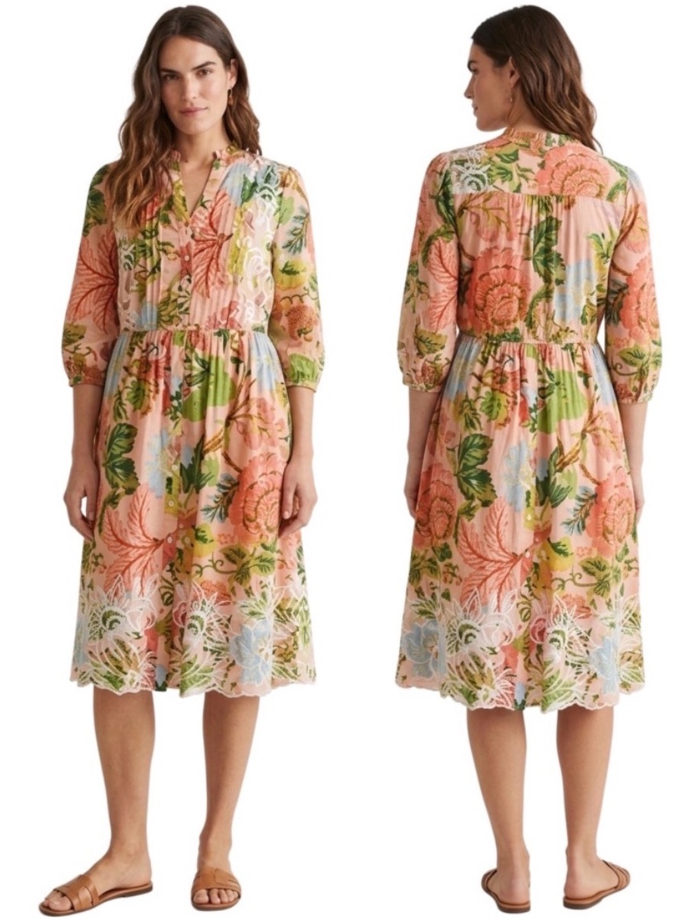 Johnny Was Soft Surroundings Floral Embroidered Dress 2X Pink Boho Midi
